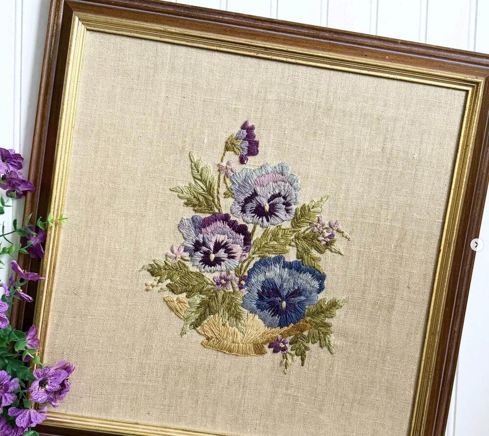 Vintage Floral Crewel Pansies Elsa Williams Needlepoint Grannycore Cottagecore